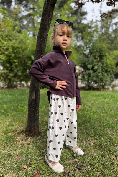  Süet Ceketli Kalp Detay Takım-Mürdüm(3-10 yaş aralığı)
