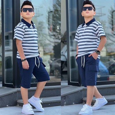  Yaka Detay Tarz 2 li Şortlu Takım-Mavi(8-16 yaş aralığı)
