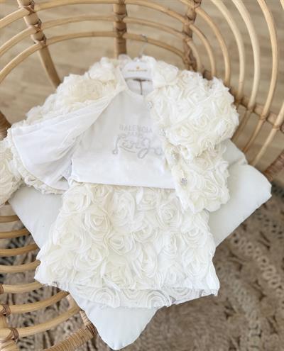3D Gül Kabartmalı Etekli Takım-Krem(2-5yaş aralığı)