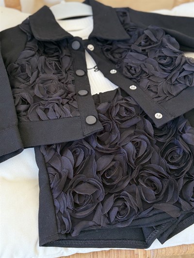 3D Gül Kabartmalı  Şort Etekli Takım-Siyah (2-9yaş aralığı)