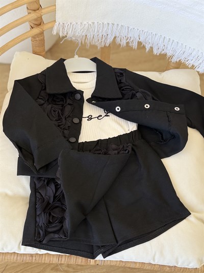 3D Gül Kabartmalı  Şort Etekli Takım-Siyah (2-9yaş aralığı)