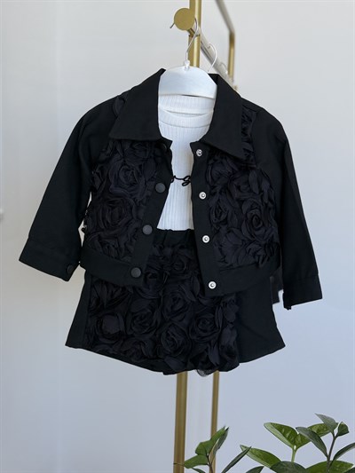 3D Gül Kabartmalı  Şort Etekli Takım-Siyah (2-9yaş aralığı)