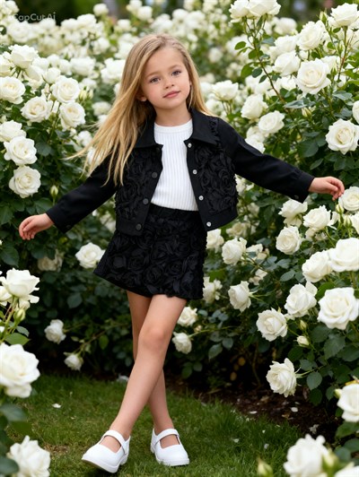 3D Gül Kabartmalı  Şort Etekli Takım-Siyah (2-9yaş aralığı)