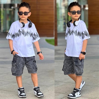 Alev Desenli Şortlu Takım - Beyaz (4-12Yaş)