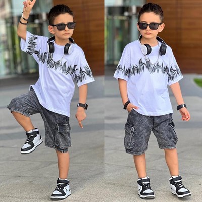 Alev Desenli Şortlu Takım - Beyaz (4-12Yaş)