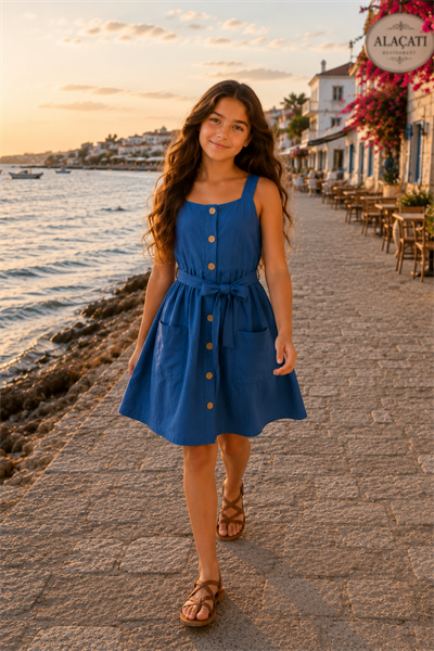 Kuşak Detay Astarlı Elbise Mavi  (6-14 yaş aralığı)