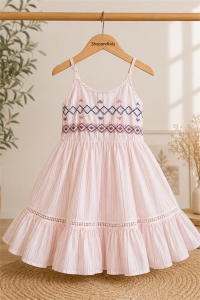 Ayarlanabilen Askı Detay Astarlı Elbise- Pembe  (6-10 yaş aralığı)