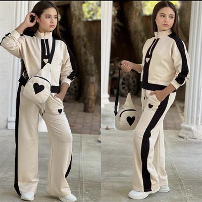 Bej Kalp Detay Çantalı Takım  (4-16 yaş)