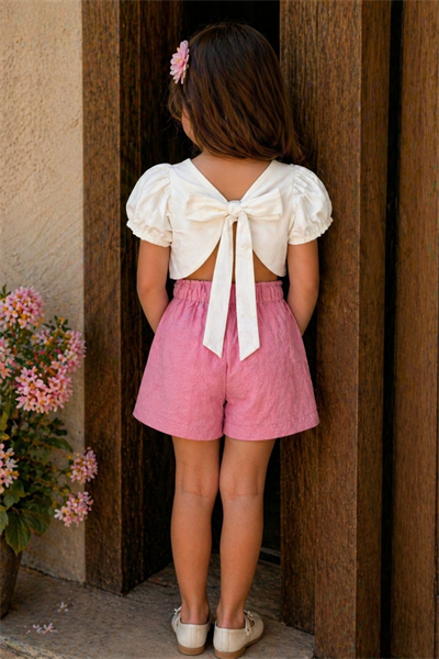 Brode Şortlu Crop Takım - Pembe (2-8 yaş aralığı)