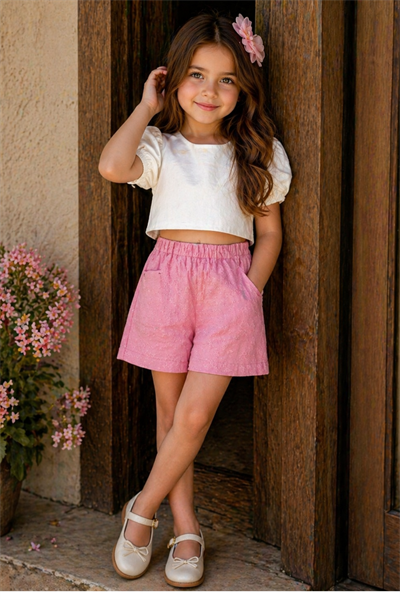 Brode Şortlu Crop Takım - Pembe (2-8 yaş aralığı)