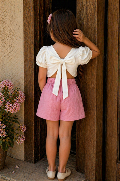 Brode Şortlu Crop Takım - Pembe (2-8 yaş aralığı)