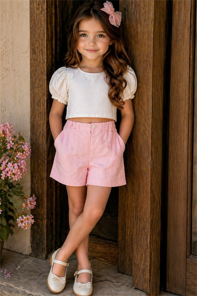 Brode Şortlu Crop Takım - Soft Pembe (2-8 yaş aralığı)
