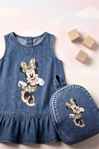 Minnie Çantalı Denim Elbise - Mavi (6-9yaş)