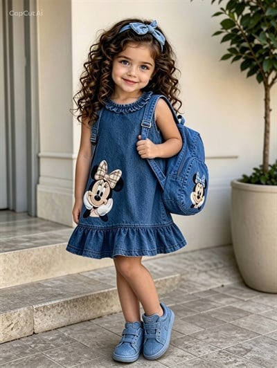 Minnie Çantalı Denim Elbise - Mavi (6-9yaş)