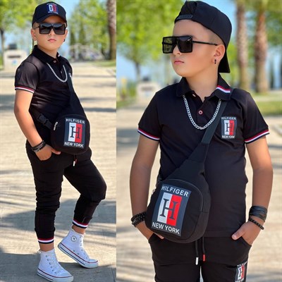 Çantalı Şapkalı 4 lü Takım - Siyah (3-12Yaş)