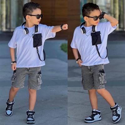 Cep Detay Şortlu Takım -Beyaz (3-10Yaş)