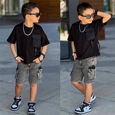 Cep Detay Şortlu Takım -Siyah (3-10Yaş)