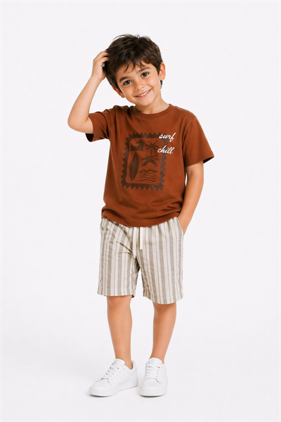 Chill Detay Dokuma Şort Takım (7020) - Kahverengi (4-12Yaş)