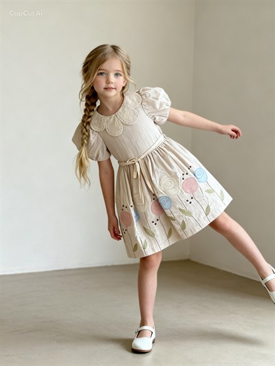 Amelia Astarlı Elbise - Krem (5yaş-8 yaş)