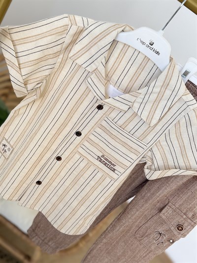 Çizgili Gömlekli Keten Pantolonlu 2 li Takım - Bej (1-4yaş)