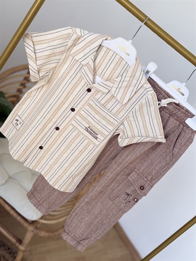 Çizgili Gömlekli Keten Pantolonlu 2 li Takım - Bej (1-4yaş)