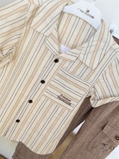 Çizgili Gömlekli Keten Pantolonlu 2 li Takım - Bej (1-4yaş)