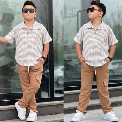 Çizgili Gömlekli Tarz Takım - Bej (5-14 yaş aralığı)