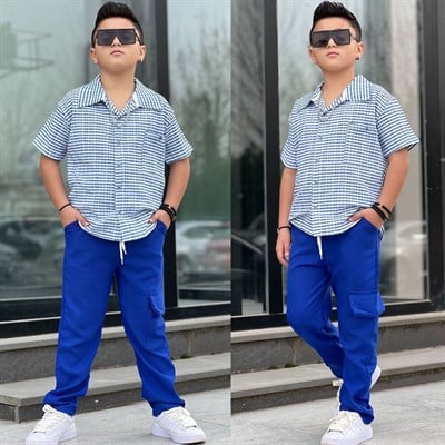 Çizgili Gömlekli Tarz Takım - Mavi (5-14 yaş aralığı)