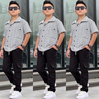 Çizgili Gömlekli Tarz Takım - Siyah (5-14 yaş aralığı)