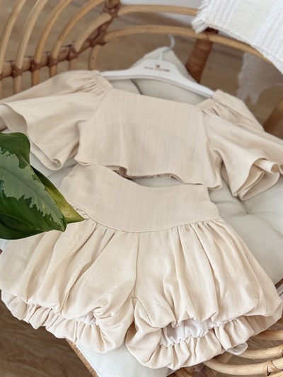 Crop Balon Şort Etekli Keten Takım - Bej (2-8yaş)