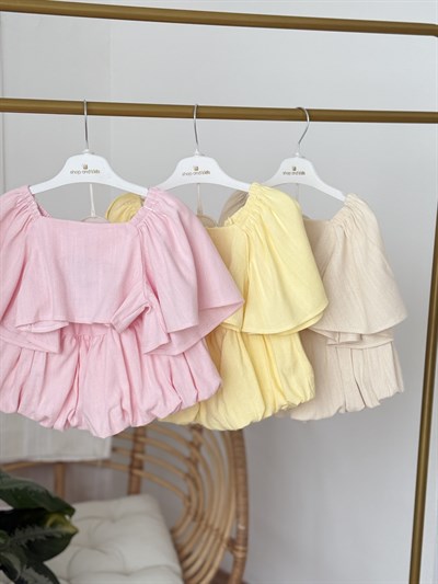 Crop Balon Şort Etekli Keten Takım - Bej (2-8yaş)