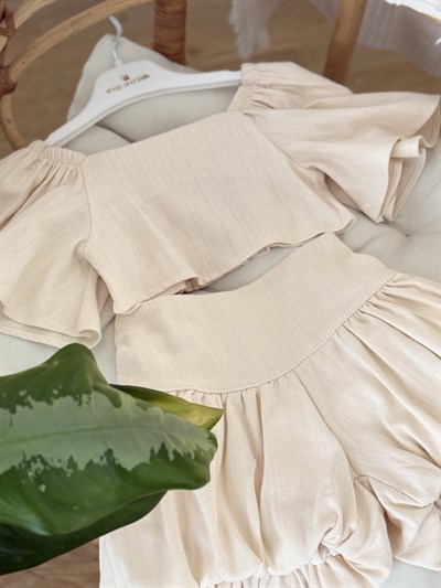 Crop Balon Şort Etekli Keten Takım - Bej (2-8yaş)