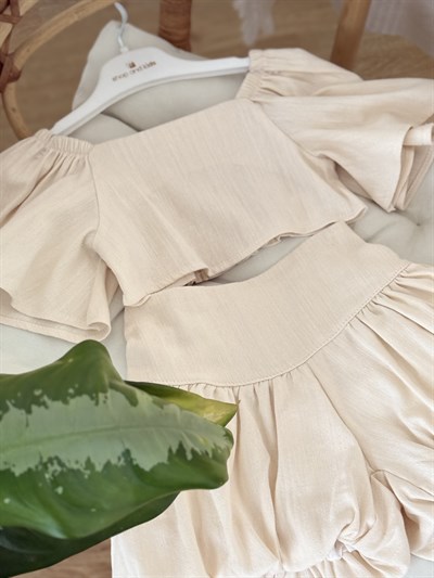 Crop Balon Şort Etekli Keten Takım - Bej (2-8yaş)