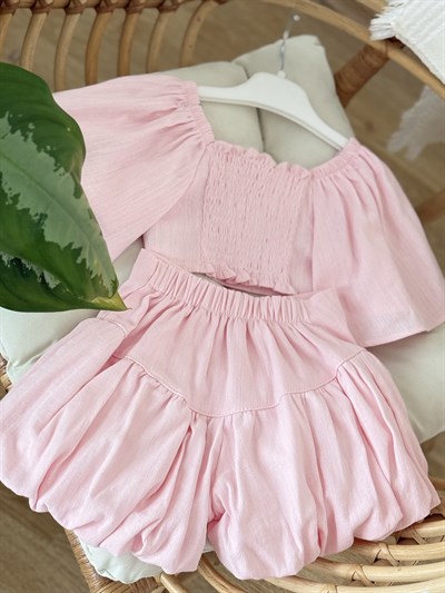 Crop Balon Şort Etekli Keten  Takım - Pembe (2-8yaş)