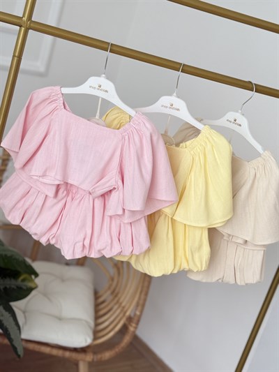 Crop Balon Şort Etekli Keten  Takım - Pembe (2-8yaş)