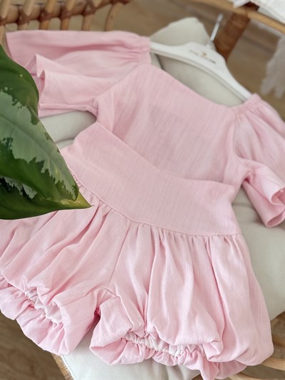 Crop Balon Şort Etekli Keten  Takım - Pembe (2-8yaş)