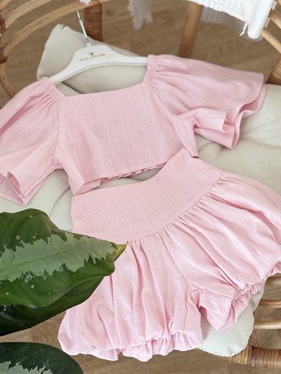 Crop Balon Şort Etekli Keten  Takım - Pembe (2-8yaş)