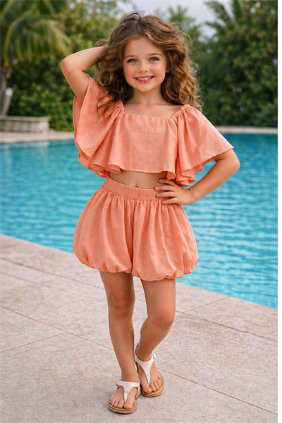 Crop Balon Şort Etekli Keten Takım - Somon (2-8yaş)
