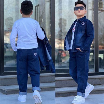 Denim Ceketli Tarz 3lü Takım-Mavi (4-14yaş)