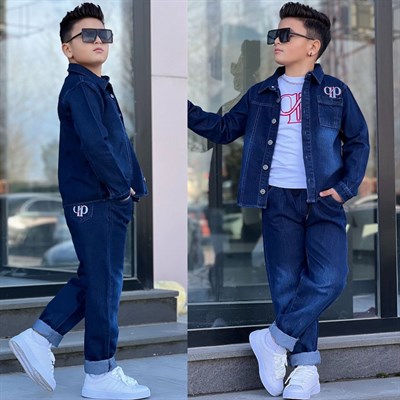 Denim Ceketli Tarz 3lü Takım-Mavi (4-14yaş)