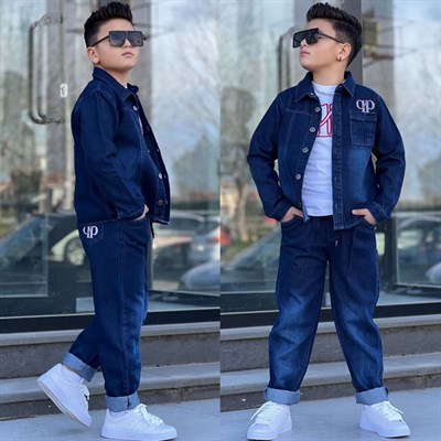 Denim Ceketli Tarz 3lü Takım-Mavi (4-14yaş)