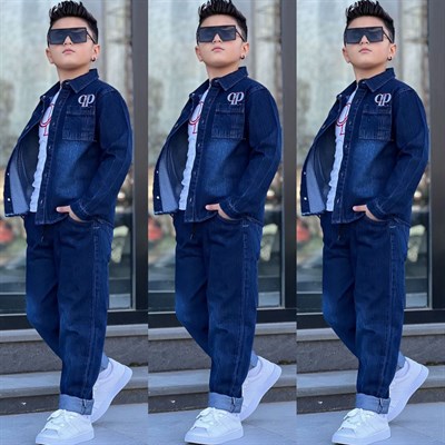 Denim Ceketli Tarz 3lü Takım-Mavi (4-14yaş)
