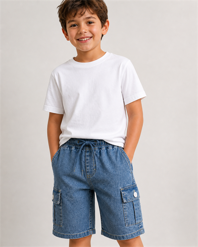 Denim Kargo Cepli Şort - Mavi (6-12yaş aralığı)