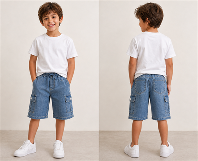 Denim Kargo Cepli Şort - Mavi (6-12yaş aralığı)