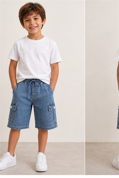 Denim Kargo Cepli Şort - Mavi (6-12yaş aralığı)