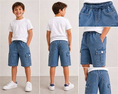 Denim Kargo Cepli Şort - Mavi (6-12yaş aralığı)