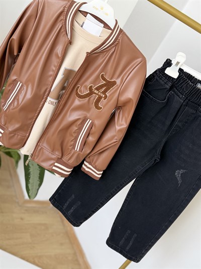 Deri Ceketli 3lü Takım-Taba (5-12yaş)