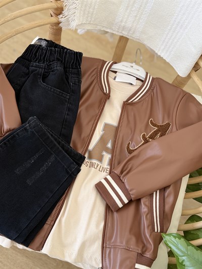 Deri Ceketli 3lü Takım-Taba (5-12yaş)