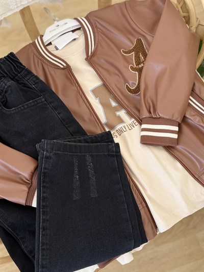 Deri Ceketli 3lü Takım-Taba (5-12yaş)