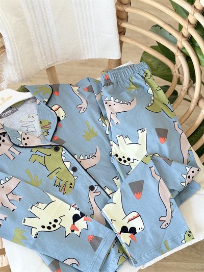 Dinazor Düğmeli Pİjama Takımı-Mavi(4-12 yaş)